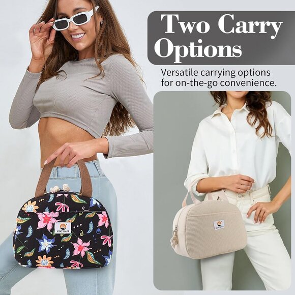 Cute Floral Corduroy Lunch Box for Women & Teens, Insulated Tote for Work/School - Picture 2 of 7